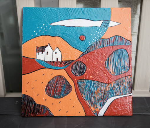 Relief landscape 3 -acrylkunst op een houten paneel, gesneden.
