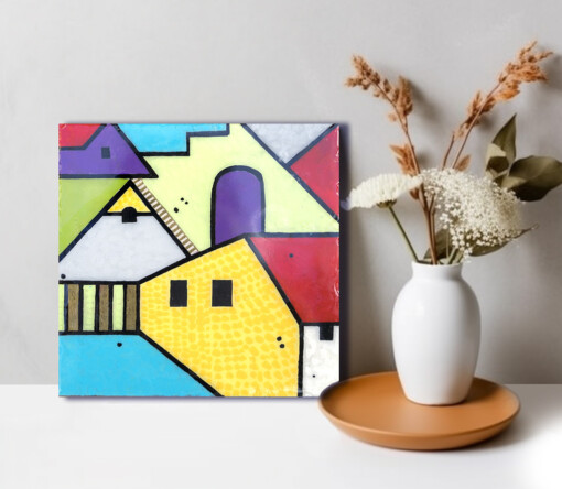 Huis en stad - acrylverf op een houten paneel met een epoxylaag