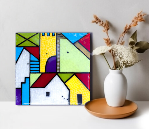 Huis en stad 2 - acrylverf op een houten paneel met een epoxylaag