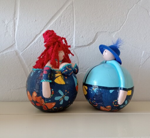 Catlovers,dikke dame en heer,gekleed in het blauw,handgemaakt en uniek,14 cm