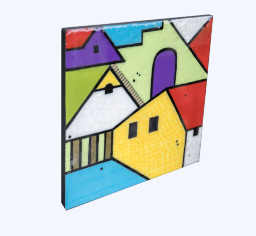 Huis en stad - acrylverf op een houten paneel met een epoxylaag
