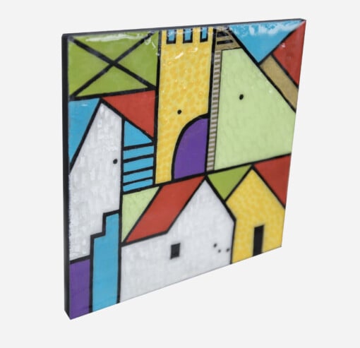 Huis en stad 2 - acrylverf op een houten paneel met een epoxylaag