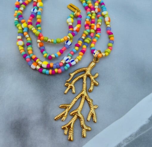 kleurrijke ketting met goud koraal bedel