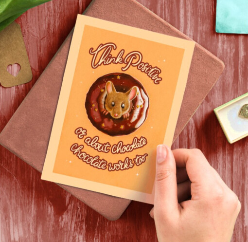 Kaart donut muis Think positive or about chocolate, chocolate works too