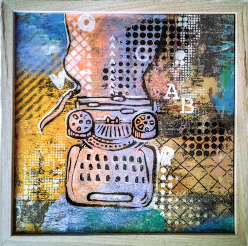 Woorden, woorden... - collagekunst onder een epoxylaag
