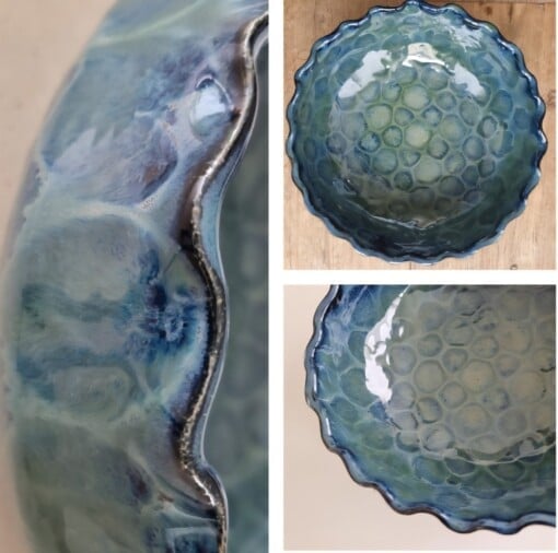 Grote blauwgroene schaal, keramiek, uniek model, mooi geglazuurd.
