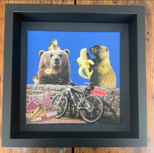 -banaantje en weer door- 20x20x1 cm handgeknipte collage op schildersdoek