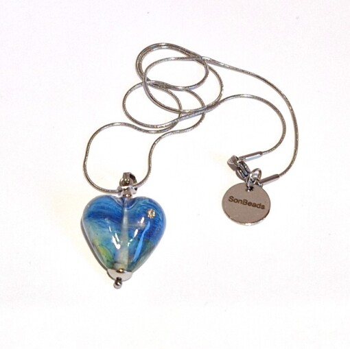 Ketting glaskraal hartje blauwgroen met zirconia's