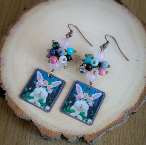 konijn oorbellen met gemixte edelstenen, Sieraden voor het Voorjaar en Pasen