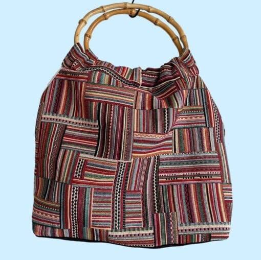 Tas met bamboe hengsels - stoffen, stevige tas met binnenzak in meerkleurig, blauw en ecru.