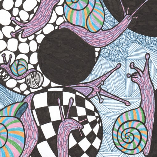Slakken Tekening - Zwart en Witte bollen - Art Print - Kunst - Black Hole Snails