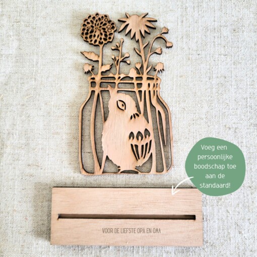Houten Vogel in pot Kaart, Kunstwerk door de brievenbus (met kaarthouder).