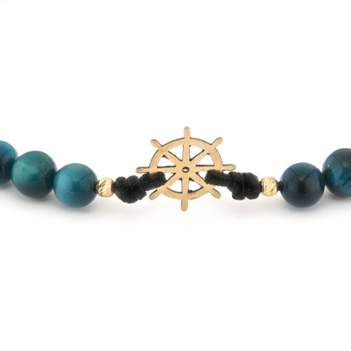 Blauwe tijgeroog armband met 14 karaat geelgouden Scheepsroer