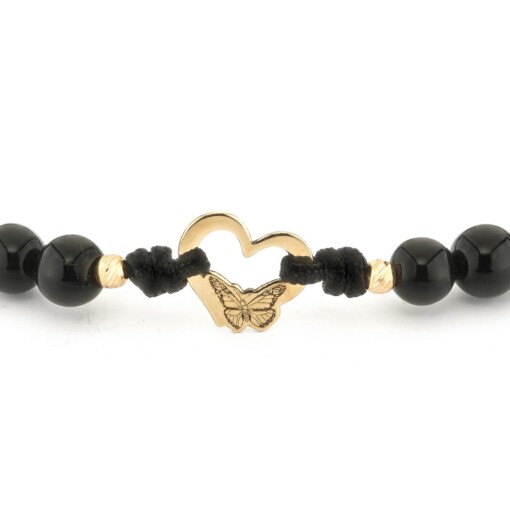 Zwart onyx armband met 14 karaat geelgouden Hartje met vlinder
