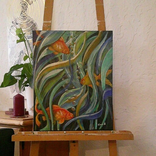 Happy Fishes hiding -  Acryl verf met een losse manier met  kwast beschilderd op stretched doek