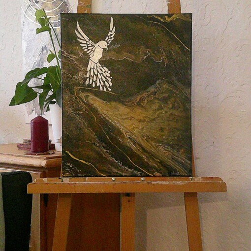 Op zoek naar vrede op aarde - stretch doek verschcilende metalic fluid Art gegoten en diepte erin gebracht met Vogel in de linker hoek
