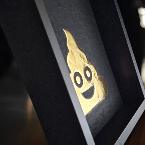 Golden Turd emoticon verguld met 23ct goud - pop art kunstwerk in lijst