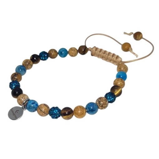 Handgeknoopte armband met jaspis, agaat, tijgeroog en rhinestone kralen