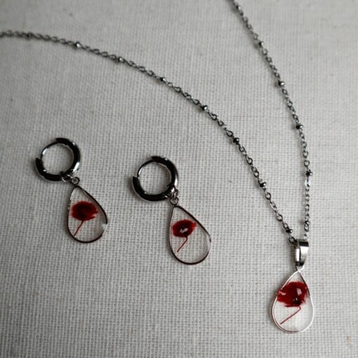 Ketting 45cm zilver met droogbloem rood