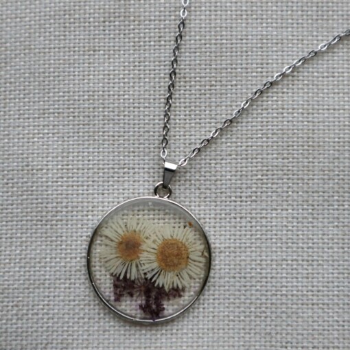 Ketting 50cm zilver met droogbloem wit/paars