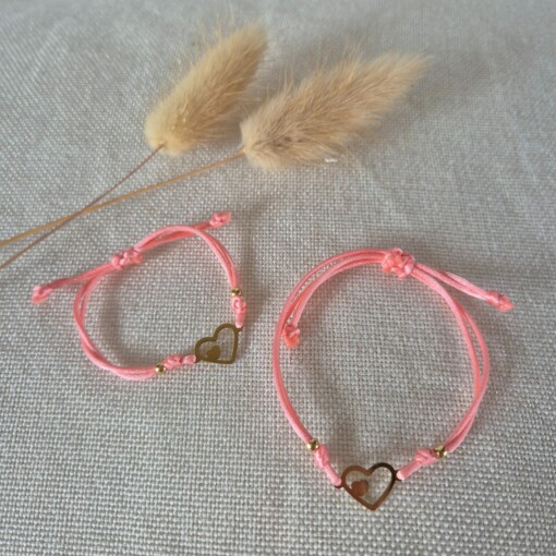 Roze moeder & dochter schuifarmband met gouden bedel