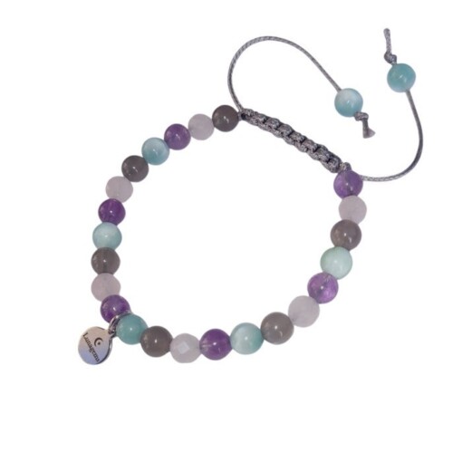 handgeknoopte armband met amethist, rozenkwarts, maansteen en groene angeliet