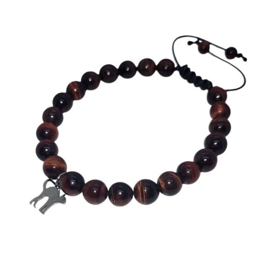 handgeknoopte armband rode tijgeroog en stainless steel kat bedel
