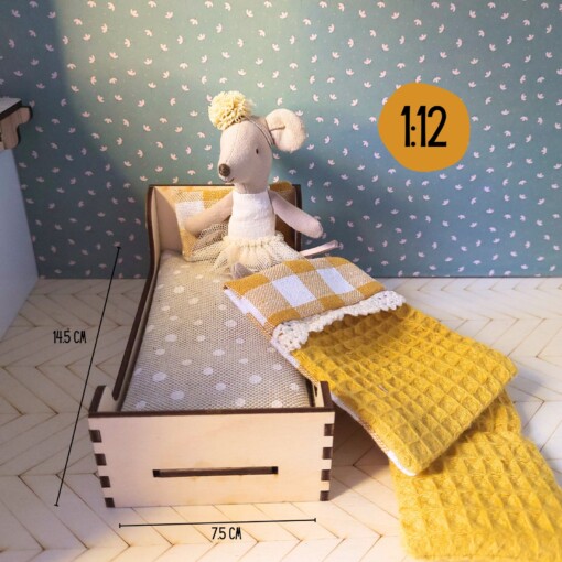 Poppenhuis 1 persoons bed - Miniatuurhuis Bed met matras, kussen en dekbed.