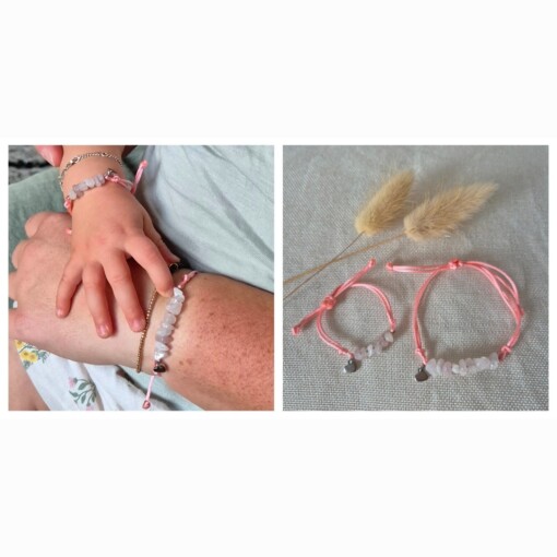 Roze schuifarmband voor moeder en dochter met rozenkwarts