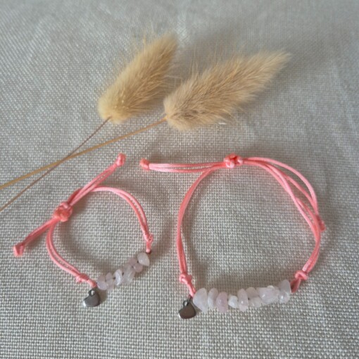 Roze schuifarmband voor moeder en dochter met rozenkwarts
