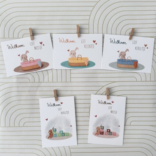 Set van babykaartjes met konijntjes - A6 formaat, inclusief envelop