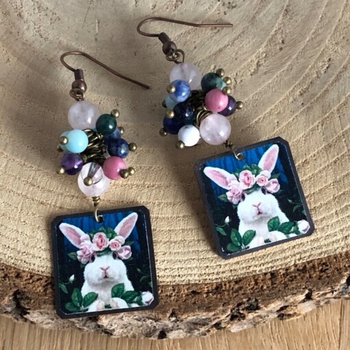 konijn oorbellen met gemixte edelstenen, Sieraden voor het Voorjaar en Pasen