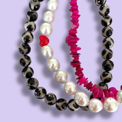 Ketting van panter print stenen & zoetwaterparel kralen
