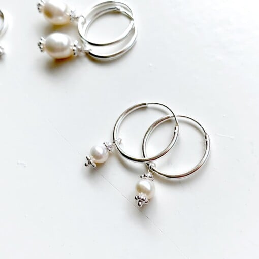 Mini Pearl Hoops Silver