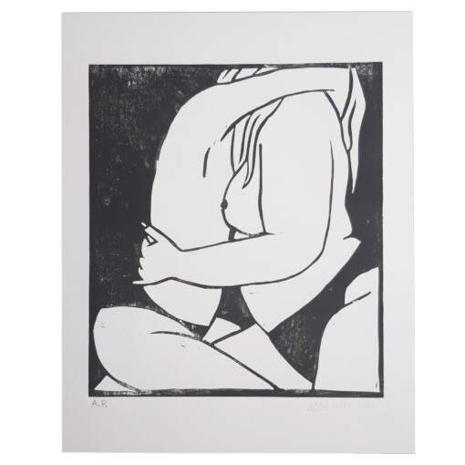 twee vrouwen die elkaar omhelzen, een linoprint / linosnede in zwart wit