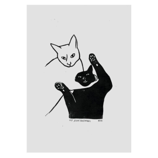 Poezen linoprint, een leuke zwart wit linosnede van katten. Grappige poezen! leuke illustratie voor aan je muur