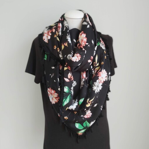 Polyester 3-hoek sjaal met kwastjes (zwart | bloemen)