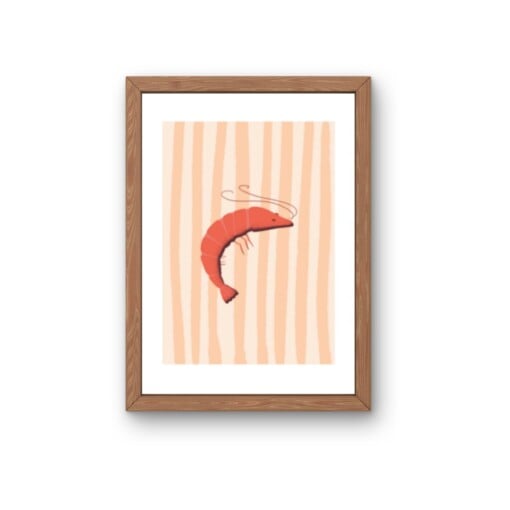 Rode garnaal kunstkaart - minimalistische zeevruchten illustratie voor keuken | A6 print 10x15 cm