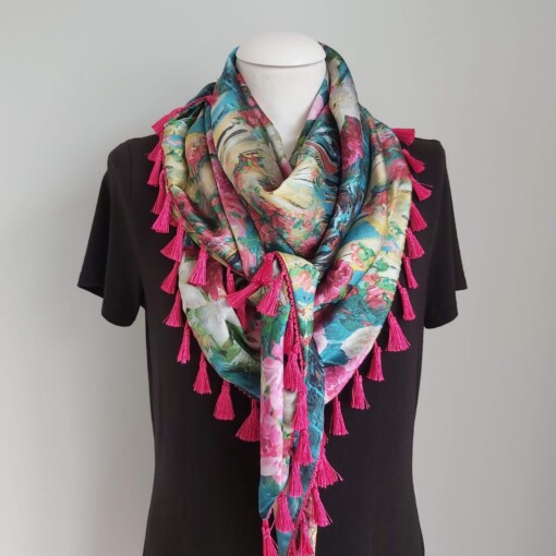 Satijnen 3-hoek sjaal met kwastjes (multi color | Venetië, gondels)