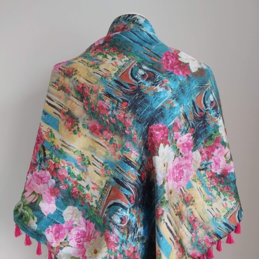 Satijnen 3-hoek sjaal met kwastjes (multi color | Venetië, gondels)