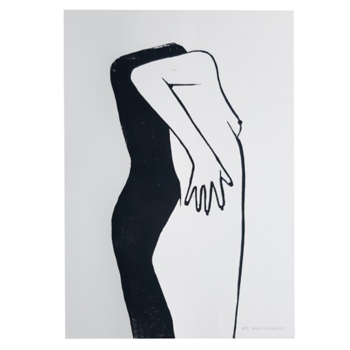 een linoprint van een vrouw en haar schaduw, blote vrouw, illustratie