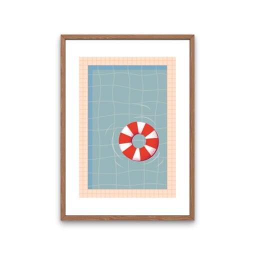 Zwembad met rode zwemband kunstprint – moderne zomerse illustratie | A4 poster 21x30 cm
