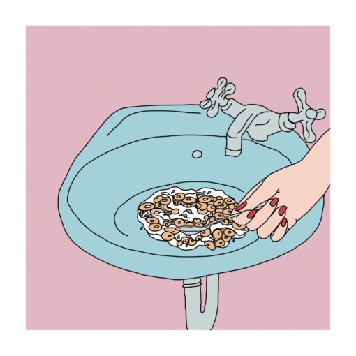 cereal uit je wasbak, voor de ontbijtliefhebber, een print met humor in pasteltinten / pastelkleuren.