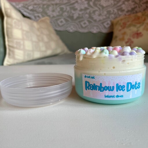 Floam Slay slijm "Rainbow Ice Dots" - blauw en wit kleislijm met regenboogschuimballen, tactiel speelgoed voor sensorische stimulatie, autisme, ADHD