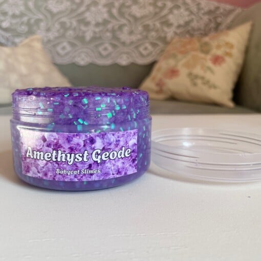 Paarse bingsu-slijm "Amethyst Geode", gecoat helder slijmspeelgoed met strokralen, knapperige ASMR, cadeau voor sensorische behoeften ADHd autisme