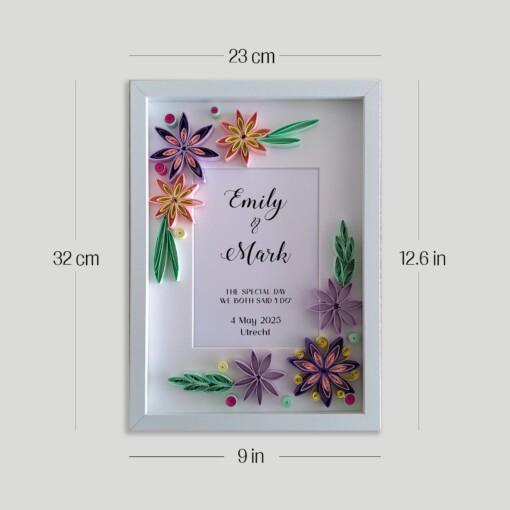Gepersonaliseerde papieren wanddecoratie in quilling-stijl: trouwdatum en namen – handgemaakt huwelijkscadeau