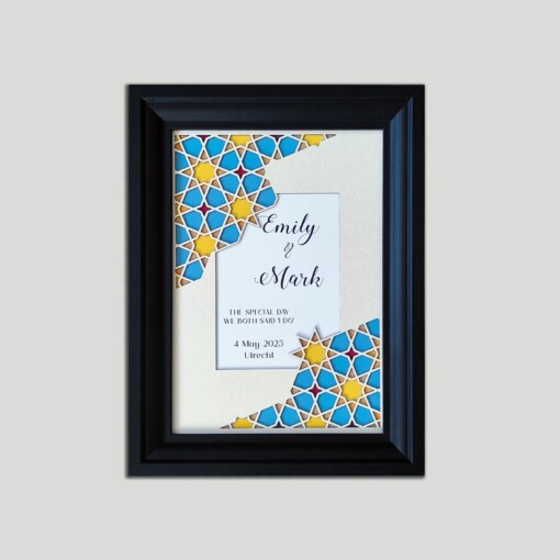 Gepersonaliseerde papercut wanddecoratie: trouwdatum en namen – modern huwelijkscadeau met geometrisch patroon in blauw en goud