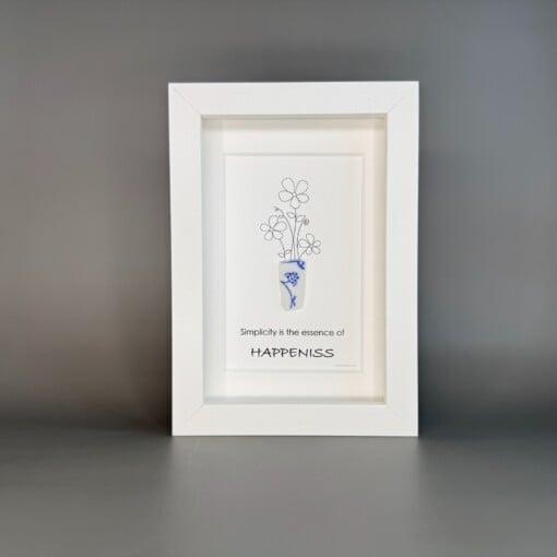 Simplicity & Happiness – Kunstwerk met Blauw/Wit scherf