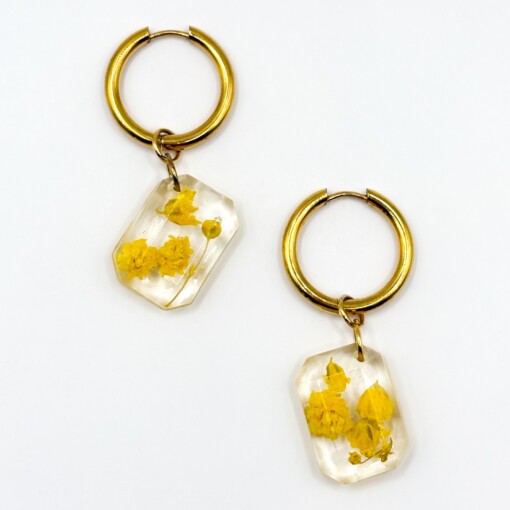 Rechthoekige Oorbellen Gevuld met Echte Bloemen uit Amsterdam (Limoncello Romance)
