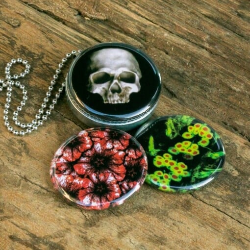Roestvrij stalen fotomedaillon ketting met drie verschillende verwisselbare voorkanten met foto`s van griezelige halloween items,spooky halloween ketting.Rvs/roestvrij stalen fotomedaillon.